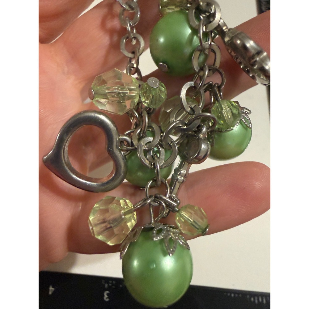 Silver Tone Green Faux Pearl and Crystal Bead Heart Charm Bracelet 8 Inch